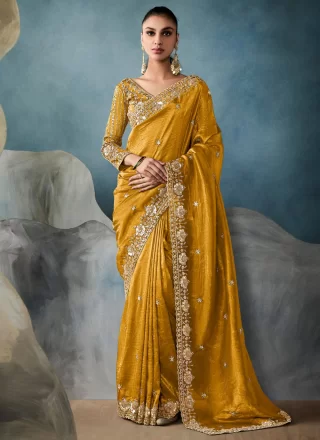 Mustard Tissue Trendy Saree with Embroidered, Sequins and Zari Work for Ceremonial