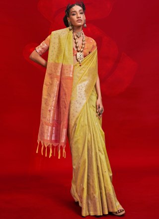 Mustard Tussar Silk Contemporary Saree