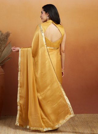 Mustard Velvet Embroidered and Lace Work Trendy Saree