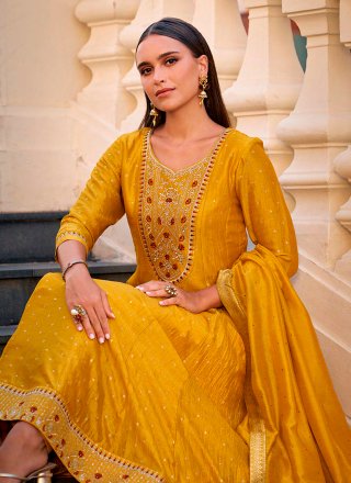 Mustard Vichitra Silk Embroidered and Hand Work Salwar Suit