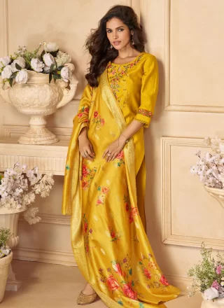 Mustard Viscose Floral Patch Work Pant Style Suit