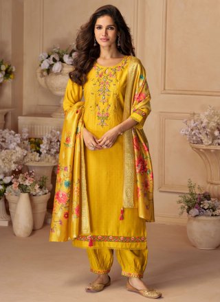 Mustard Viscose Floral Patch Work Pant Style Suit