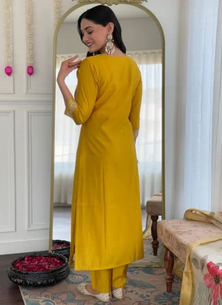 Mustard Viscose Readymade Salwar Suit with Embroidered, Thread and Zari Work
