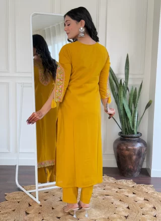 Mustard Viscose Salwar Suit with Embroidered and Print Work