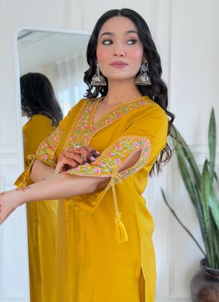 Mustard Viscose Salwar Suit with Embroidered and Print Work