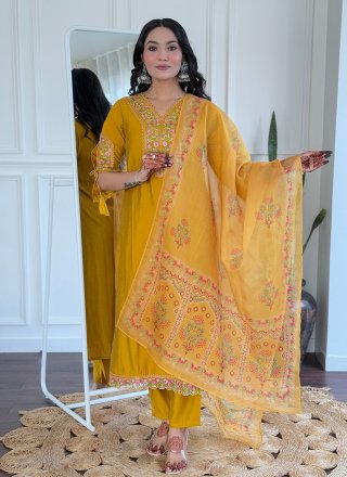 Mustard Viscose Salwar Suit with Embroidered and Print Work