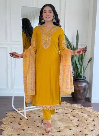 Mustard Viscose Salwar Suit with Embroidered and Print Work
