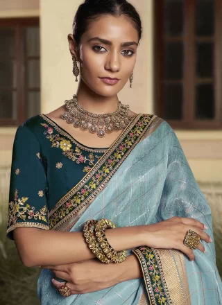 Mystic Aqua Blue Cotton Contemporary Saree with Cord, Embroidered and Zari Work