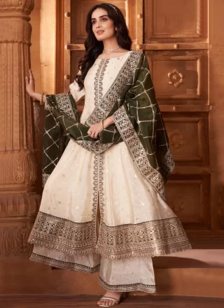 Mystic Cream Silk Anarkali Suit with Embroidered, Sequins and Zari Work