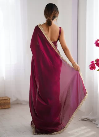 Mystic Wine Satin Classic Saree with Patch Border, Lace and Sequins Work