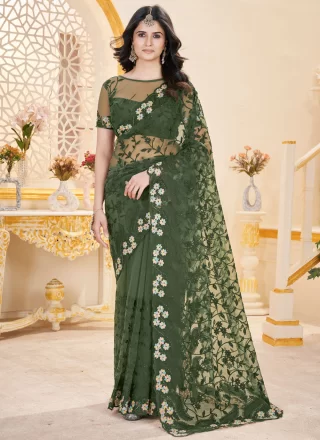 Net Classic Saree In Green Color