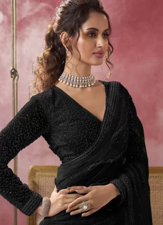Net Contemporary Saree In Black Color