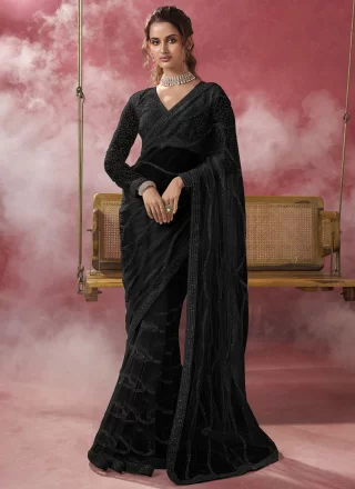 Net Contemporary Saree In Black Color