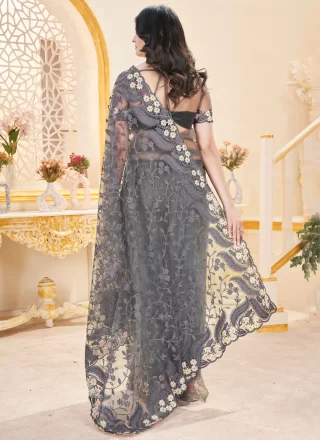 Net Contemporary Saree In Silver Color