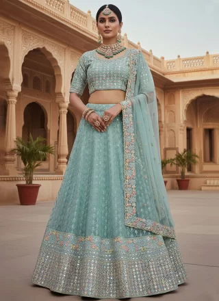 Net Lehenga Choli In Firozi Color