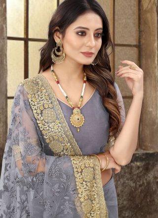 Net Traditional Saree In Grey Color