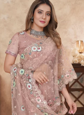 Net Traditional Saree In Peach Color
