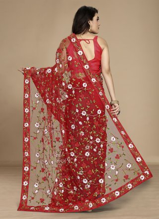 Net Trendy Saree In Red Color