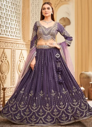 Nice Purple Chinon Readymade Lehenga Choli with Embroidered and Zari Work