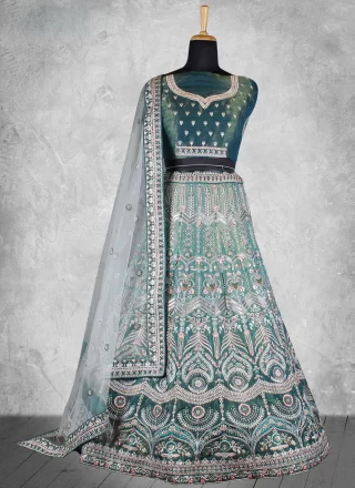 Nice Teal Velvet A - Line Lehenga Choli with Embroidered, Sequins and Zari Work