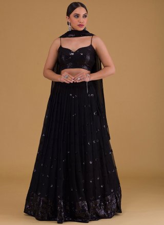 Noble Black Georgette Lehenga Choli with Embroidered, Sequins and Zari Work