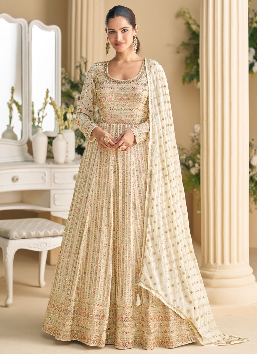 Shop Online Noble Off White Georgette Gown with Beads, Embroidered