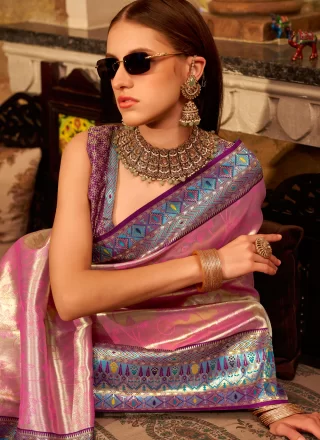 Observable Pink Silk Traditional Saree with Weaving Work