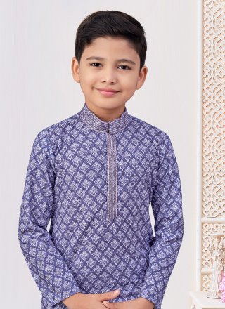 Off White and Purple Rayon Digital Print and Embroidered Work Kurta Pyjama for Kid