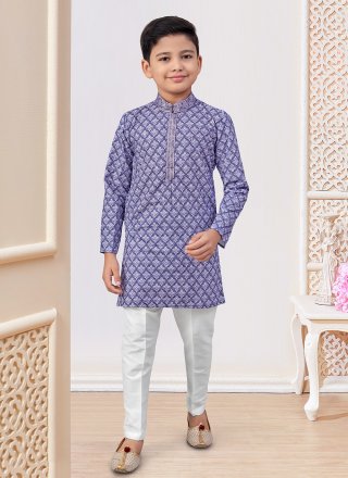 Off White and Purple Rayon Digital Print and Embroidered Work Kurta Pyjama for Kid