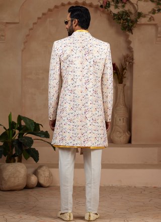 Off White and Yellow Banarasi Silk Digital Print and Stone Work Indo Western Sherwani for Ceremonial