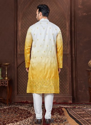 Off White and Yellow Silk Kurta Pyjama with Embroidered, Thread and Zari Work