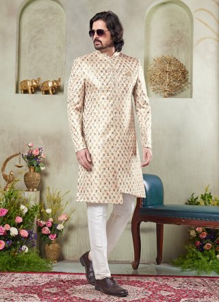 Off White Art Silk Sherwani Mens Wear with Digital Print Work for Ceremonial