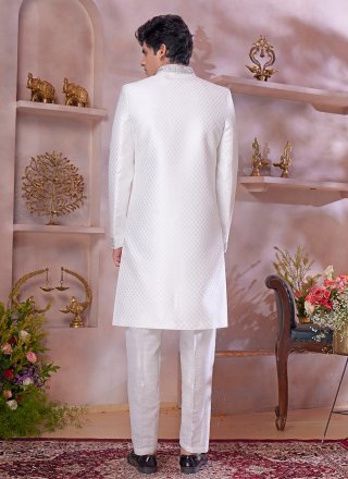 Off White Banarasi Silk Buttons Work Sherwani Mens Wear for Ceremonial
