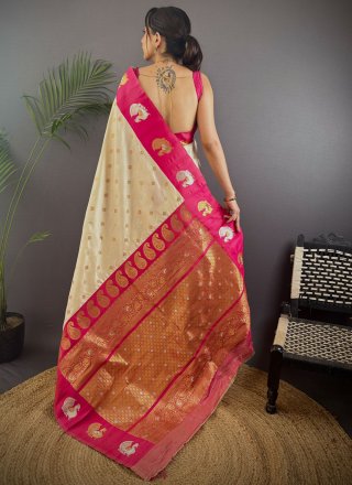 Off White Banarasi Silk Classic Sari