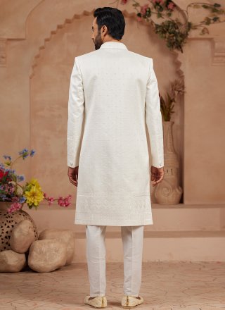 Off White Banarasi Silk Indo Western Sherwani