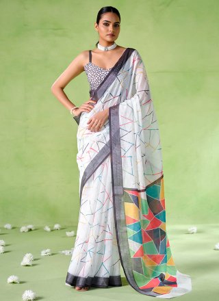 Off White Blended Cotton Trendy Saree with Print Work