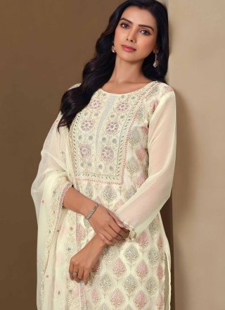 Off White Chiffon Embroidered, Lucknowi Work, Sequins and Stone Work Salwar Suit for Ceremonial