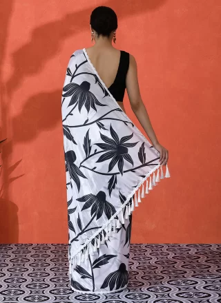 Off White Chinon Digital Print Work Classic Saree