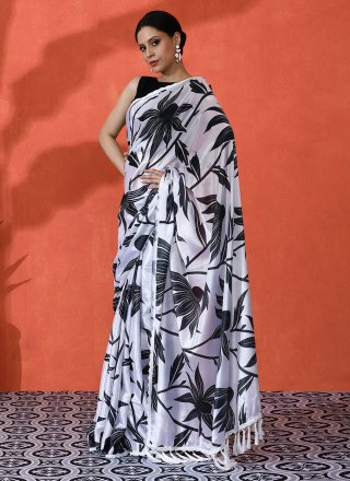 Off White Chinon Digital Print Work Classic Saree