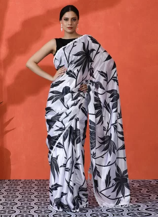 Off White Chinon Digital Print Work Classic Saree