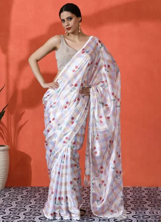 Off White Chinon Digital Print Work Classic Saree for Women