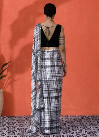 Off White Chinon Digital Print Work Classic Sari