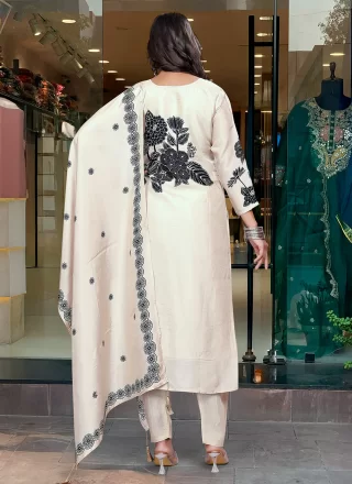 Off White Chinon Pant Style Suit with Embroidered and Print Work
