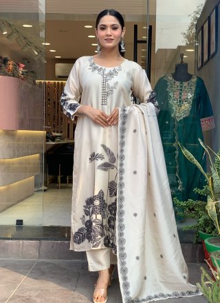 Off White Chinon Pant Style Suit with Embroidered and Print Work