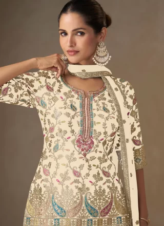 Off White Chinon Salwar Suit with Embroidered and Zari Work