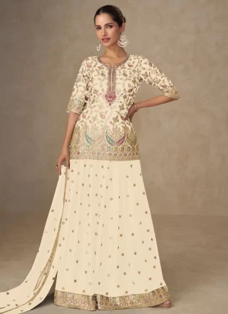 Off White Chinon Salwar Suit with Embroidered and Zari Work