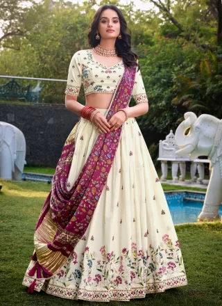 Off White Cotton A - Line Lehenga Choli
