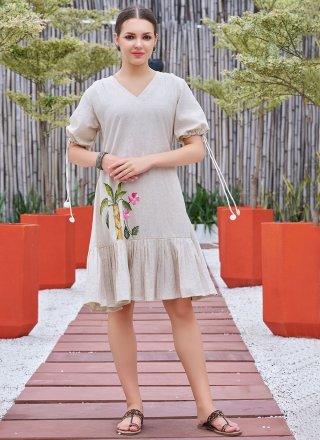 Off White Cotton Casual Kurti with Fancy Work