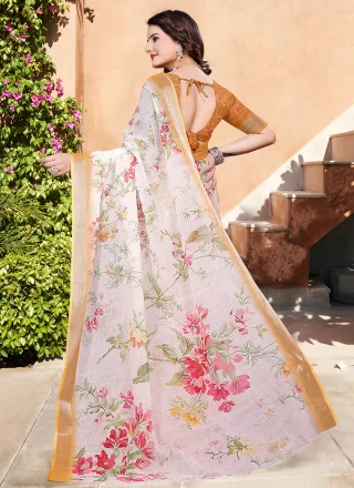 Off White Cotton Contemporary Sari with Patch Border and Digital Print Work