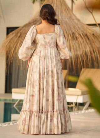 Off White Cotton Digital Print and Fancy Work  Designer Gown for Ceremonial